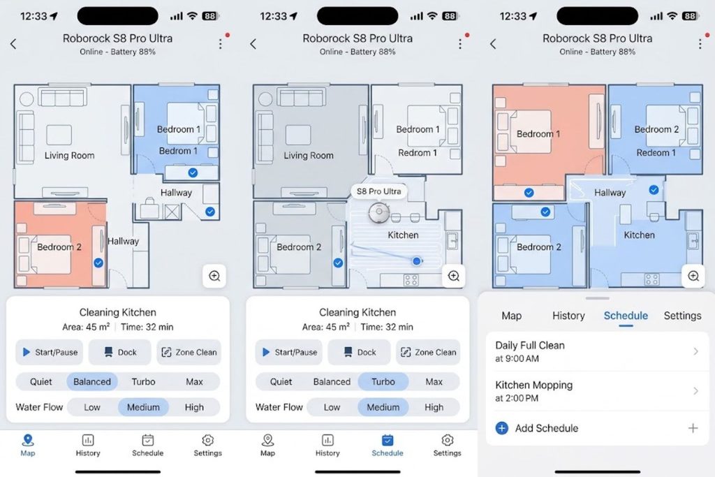 Roborock mobile app interface showing room-by-room cleaning control, real-time robot tracking, and scheduling features