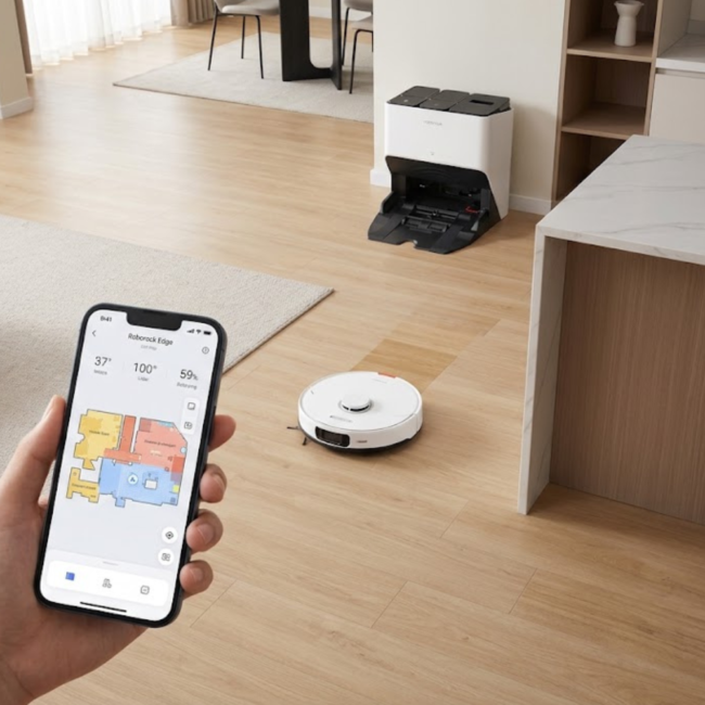 Roborock S8 Pro Ultra robot vacuum navigating a modern home with lidar mapping technology displayed on smartphone app