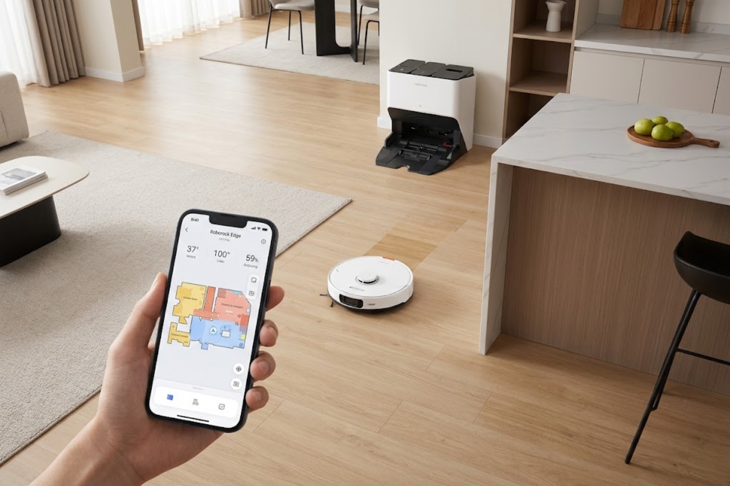 Roborock S8 Pro Ultra robot vacuum navigating a modern home with lidar mapping technology displayed on smartphone app