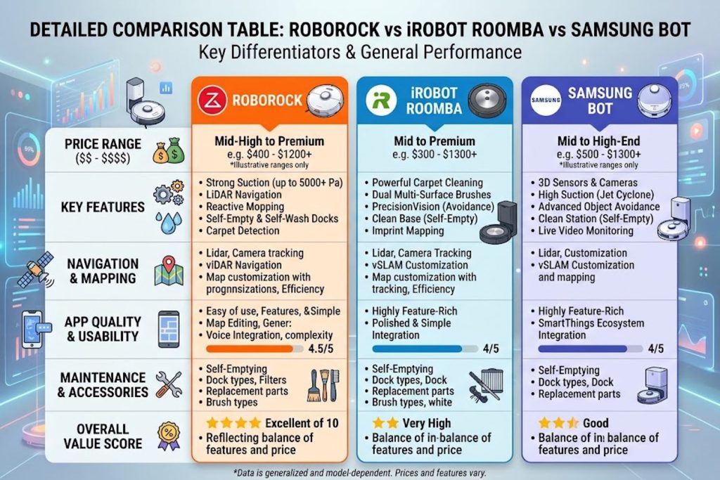 Detailed comparison table of Roborock vs iRobot Roomba vs Samsung Bot including price, features, app quality, and value score