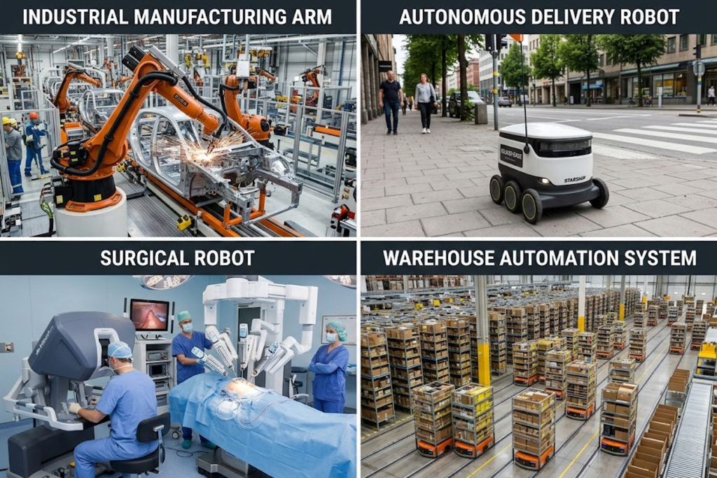 Grid of four robotics applications: industrial manufacturing arm, autonomous delivery robot, surgical robot, warehouse automation system
