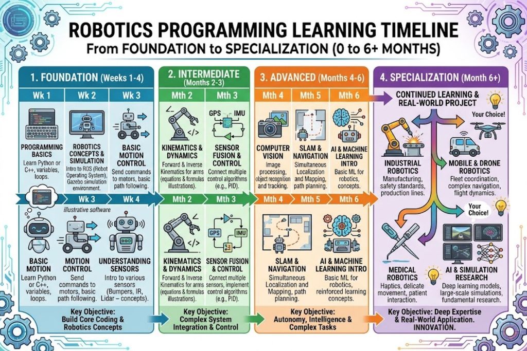Timeline showing robotics programming learning phases from foundation weeks 1-4 through specialization at month 6+