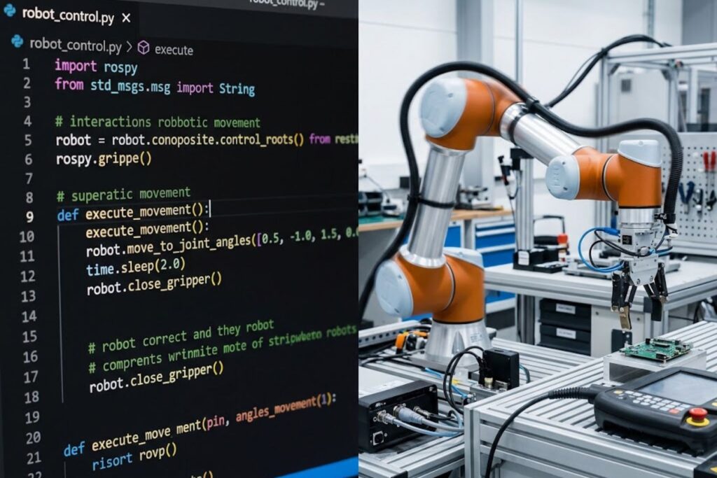 Robotics programming combining software code with physical robot arm execution