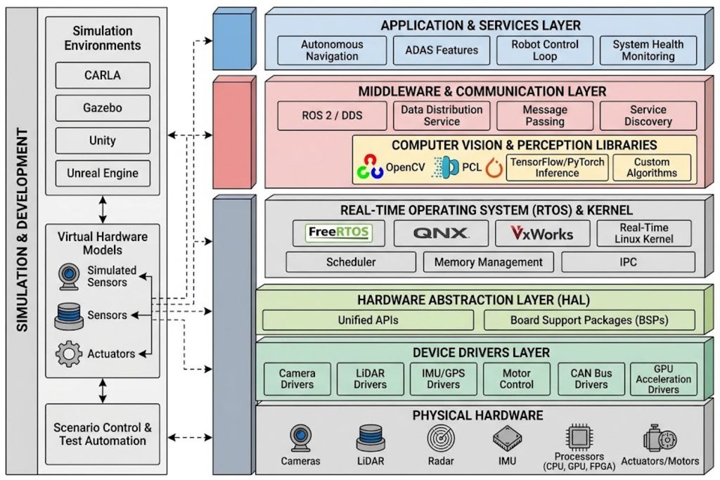 Layered software architecture diagram showing simulation environments, real-time OS, computer vision libraries, and hardware abstraction layers