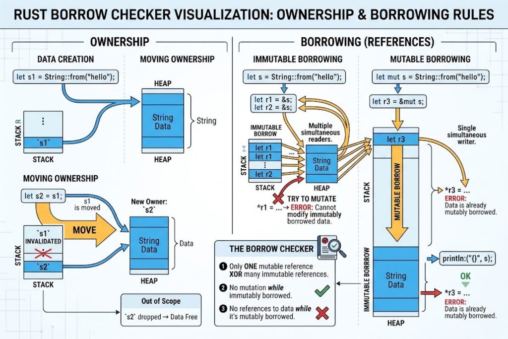 Rust borrow checker visualization showing data ownership and borrowing rules