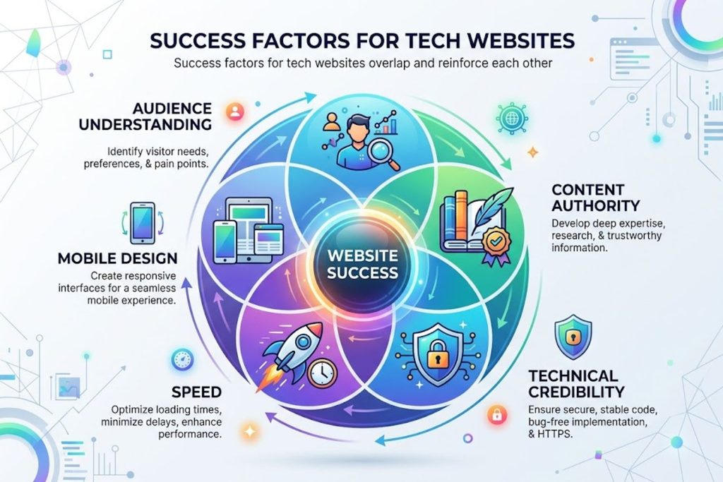 Circular diagram with five interconnected factors: audience understanding, content authority, technical credibility, speed, and mobile design