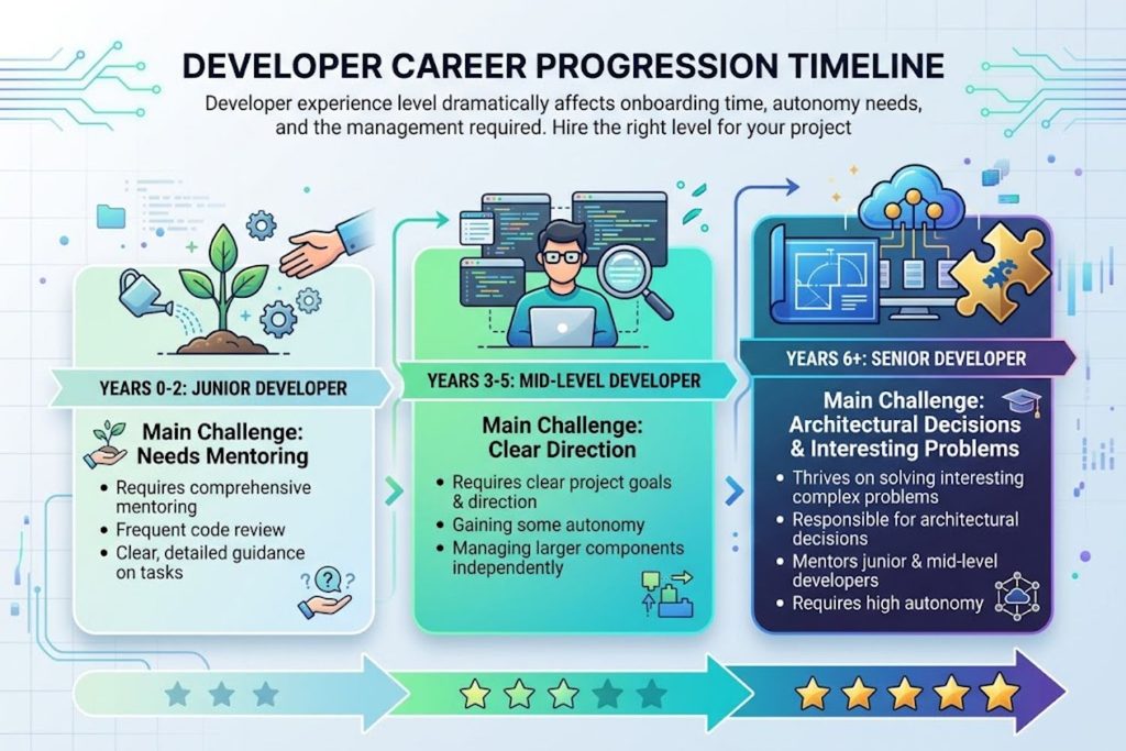 Timeline showing Swift developer career progression from junior (1-2 years, requires mentoring) through mid-level (3-5 years, moderate independence) to senior (6+ years, architectural responsibility)