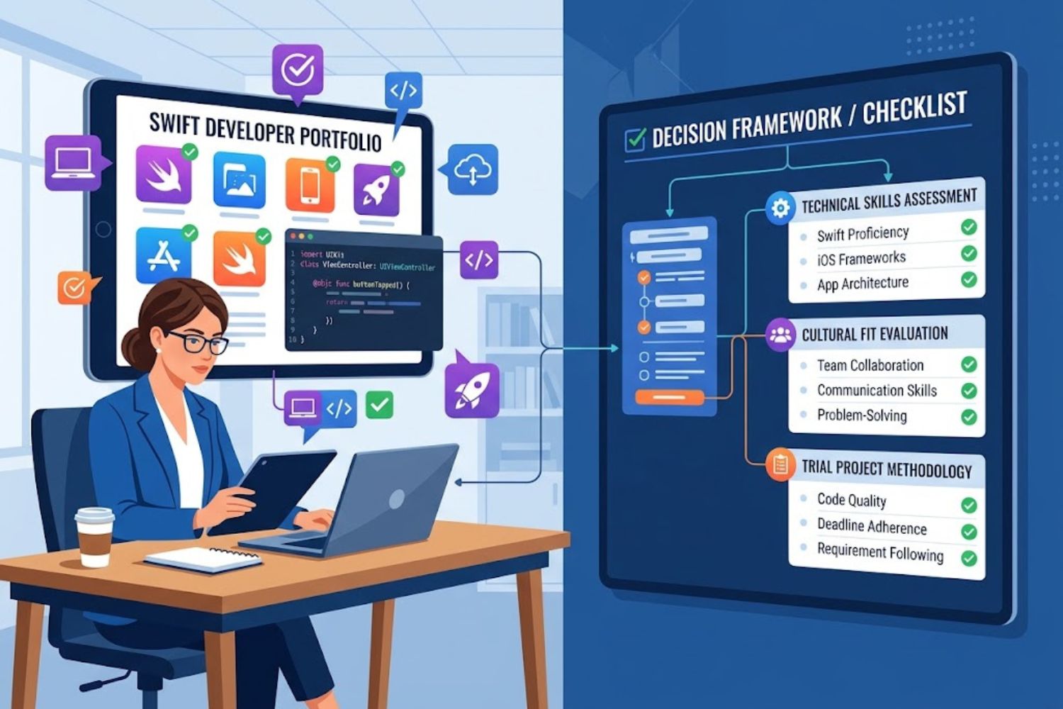 Visual framework for hiring dedicated Swift developers showing evaluation criteria including technical skills assessment, cultural fit evaluation, and trial project methodology