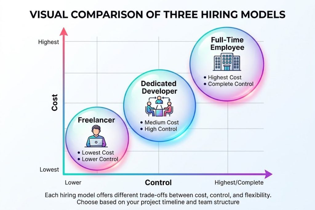 Comparison of three Swift developer hiring models—full-time employment, dedicated vendor-employed developers, and freelancers—showing cost, control, and time-to-hire differences