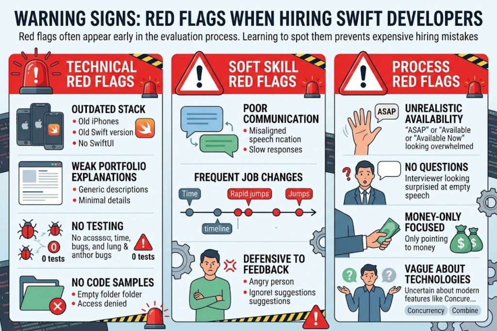 Warning signs to watch for when hiring Swift developers, including technical red flags (outdated stack, no testing), soft skill concerns (poor communication, defensive feedback), and process issues (unrealistic availability, money-only motivation)