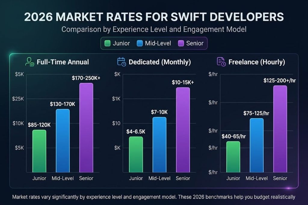 2026 market rates for Swift developers by experience level and engagement model, showing full-time annual salary, dedicated monthly cost, and freelance hourly rates
