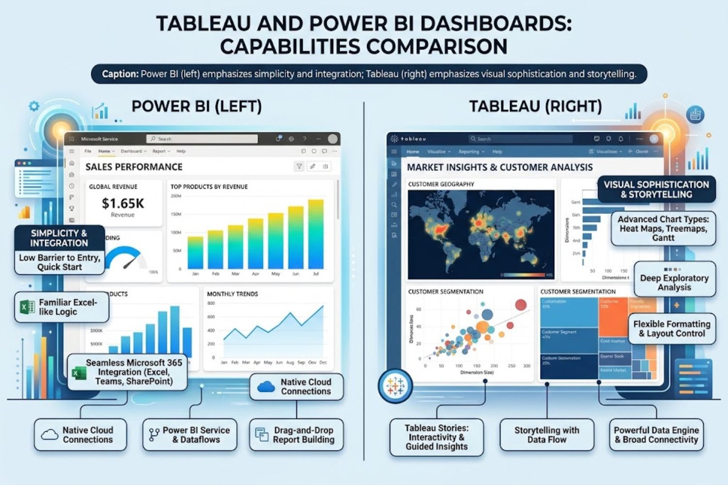 Tableau and Power BI dashboards side-by-side showing visualization and reporting capabilities comparison