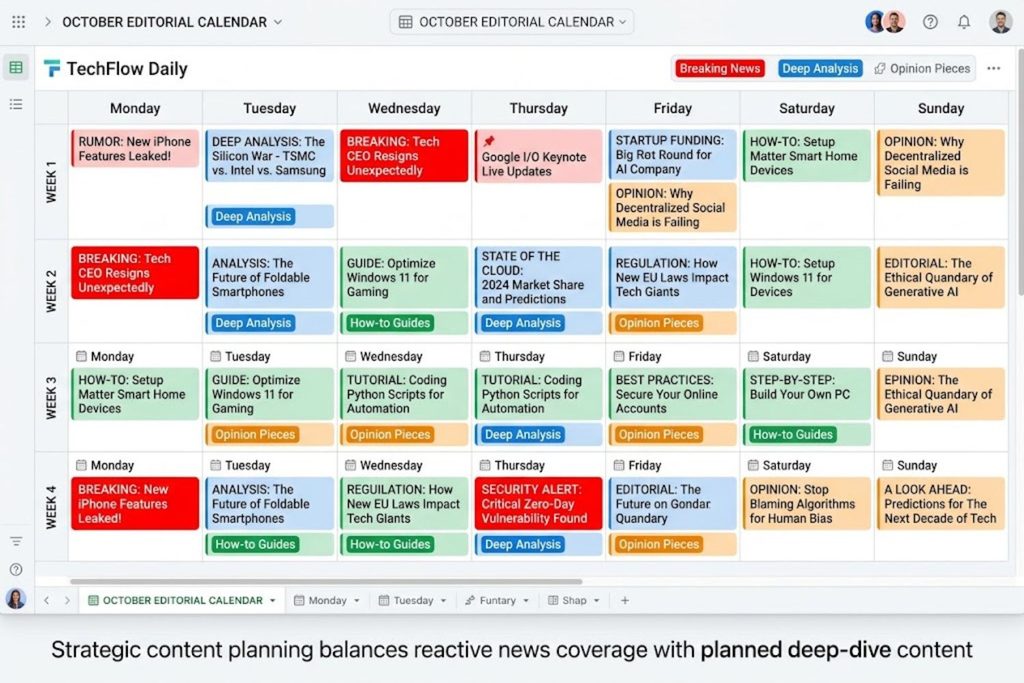 Example editorial calendar for tech website showing balance of breaking news coverage, deep analysis, how-to guides, and opinion pieces
