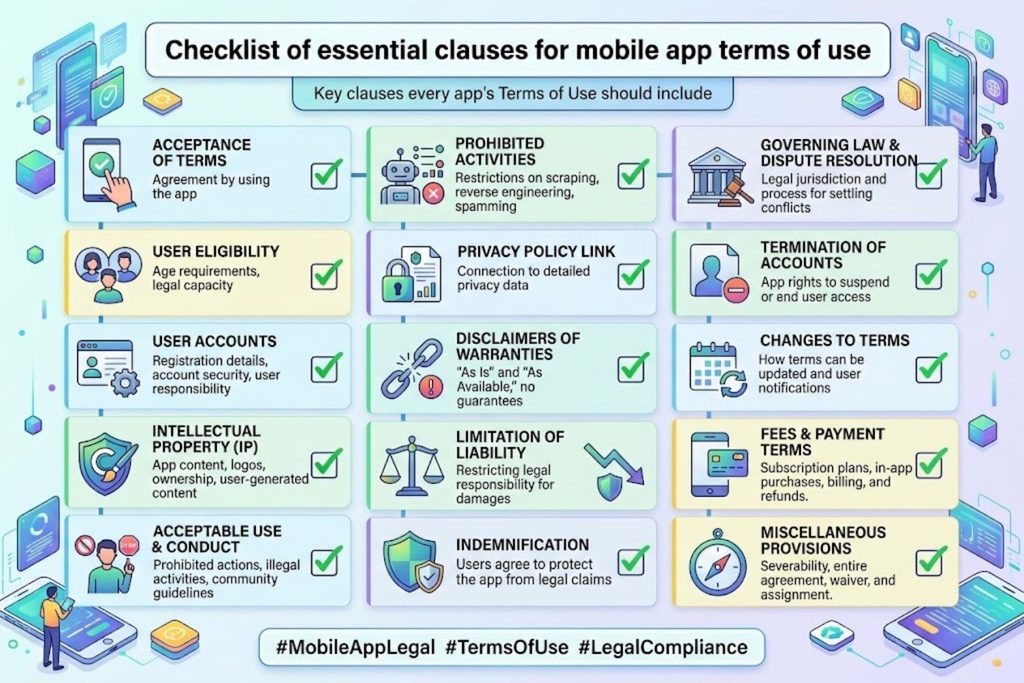 Checklist of essential clauses for mobile app terms of use