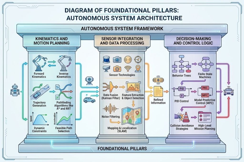 Diagram showing three foundational pillars: kinematics and motion planning, sensor integration and data processing, and decision-making and control logic