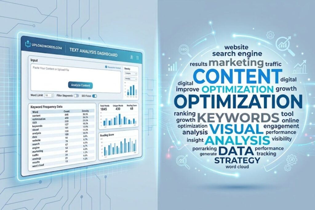 UploadWords.com text analysis tool showing word frequency data and visual word cloud for SEO content optimization