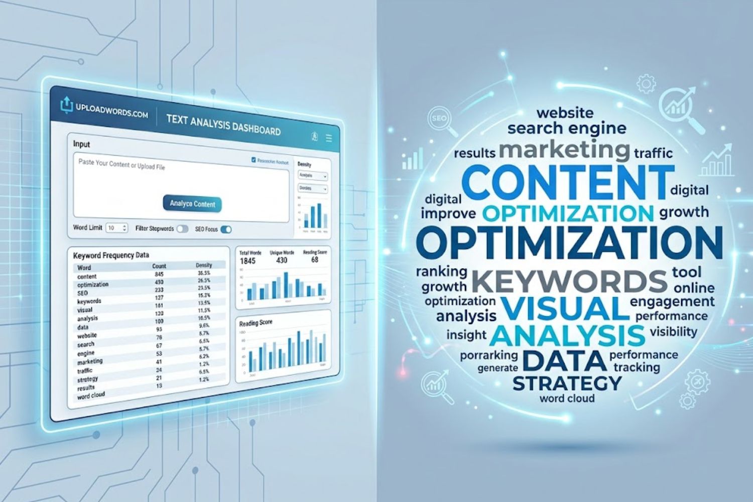 UploadWords.com text analysis tool showing word frequency data and visual word cloud for SEO content optimization