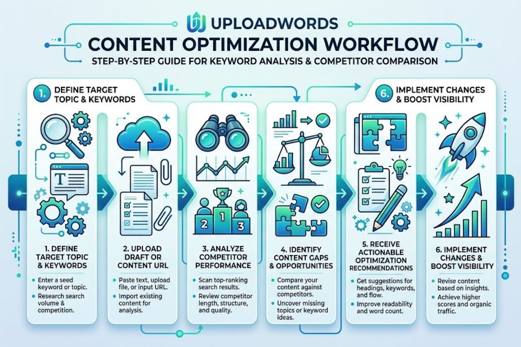 Content optimization workflow using UploadWords.com for keyword analysis and competitor comparison