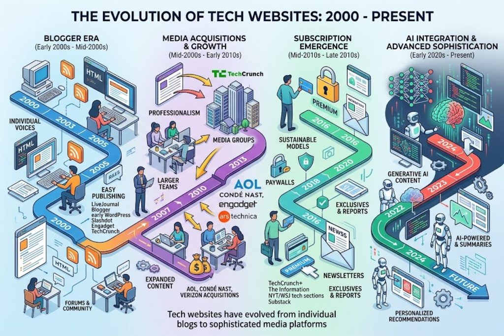 Timeline showing evolution of tech websites from 2000-present: blogger era, media acquisitions, subscription emergence, and AI integration