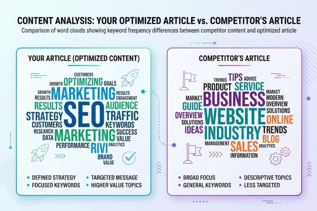 Comparison of word clouds showing keyword frequency differences between competitor content and optimized article