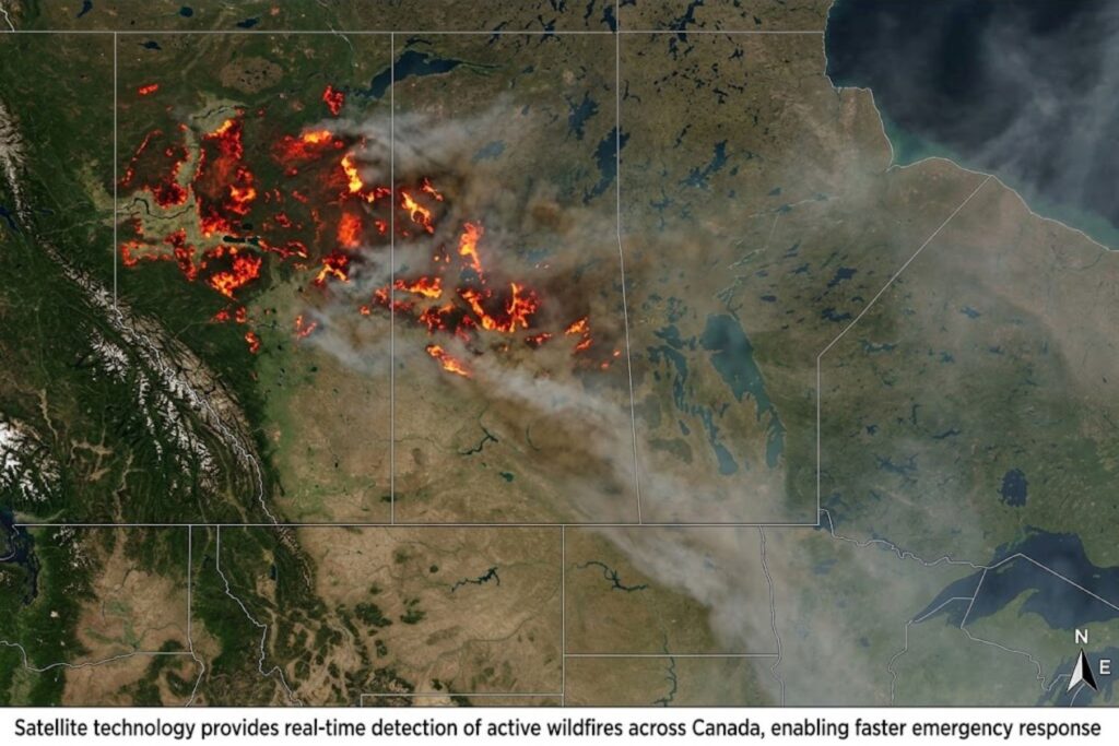 Satellite thermal imaging of active Canadian wildfire showing heat signatures in red and orange, with smoke plumes extending eastward toward USA