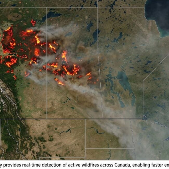 Satellite thermal imaging of active Canadian wildfire showing heat signatures in red and orange, with smoke plumes extending eastward toward USA