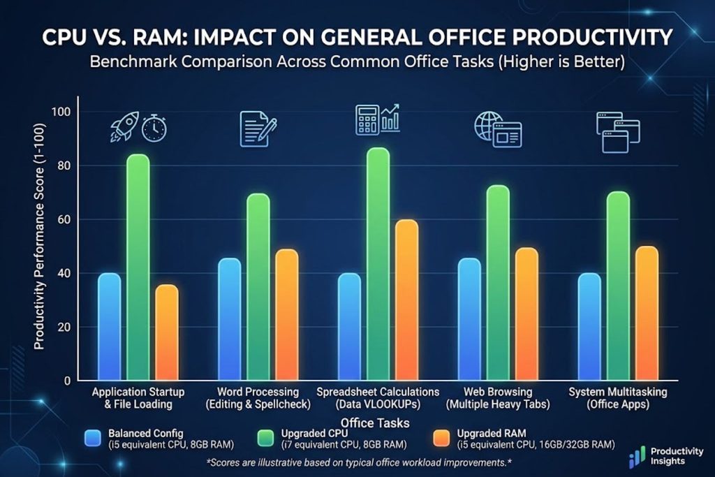 Bar chart comparing real-world productivity performance showing CPU matters more than RAM for general office work