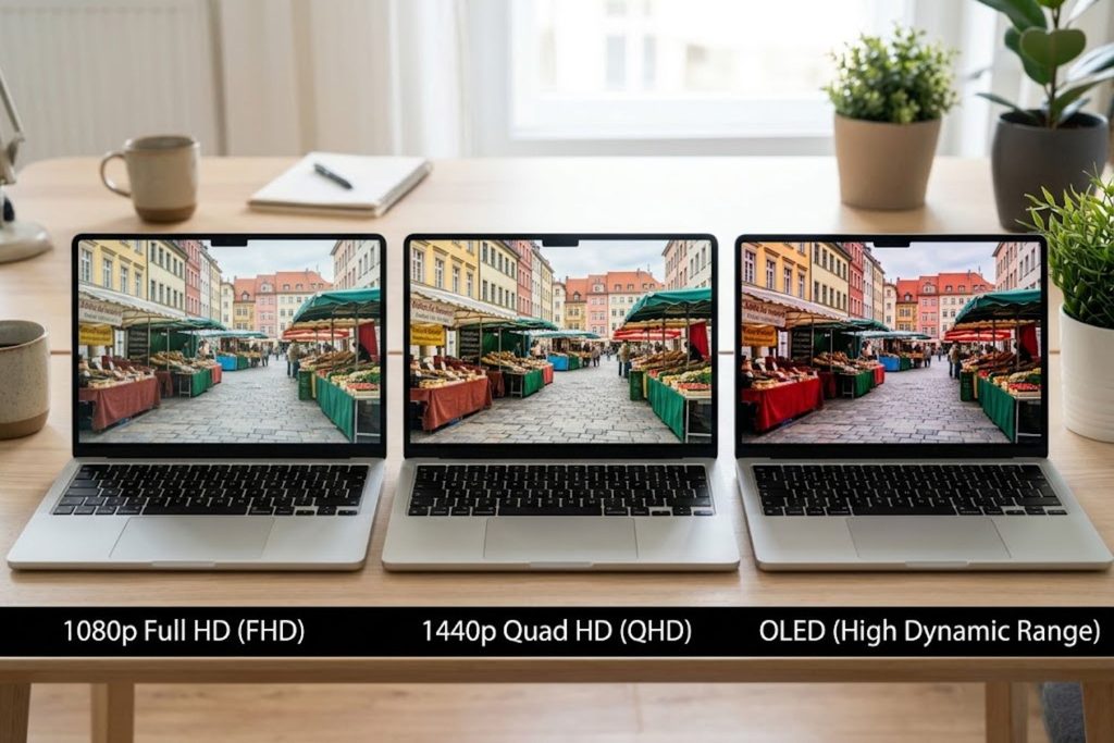 Side-by-side comparison of laptop displays showing 1080p vs. 1440p vs. OLED resolution and brightness differences