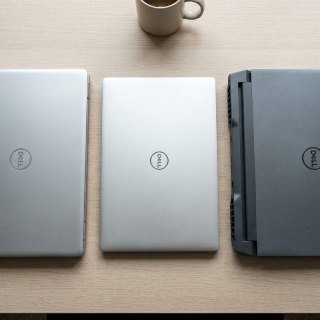 Three Dell laptop models compared side-by-side: budget Inspiron, premium XPS, and gaming G-Series showing design and size differences