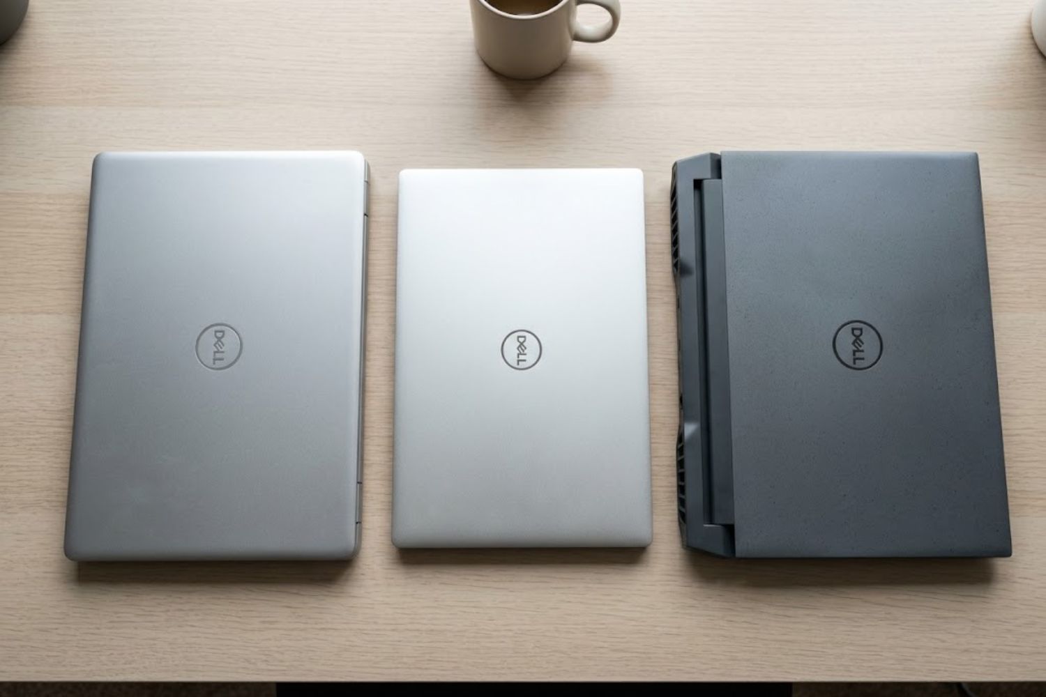 Three Dell laptop models compared side-by-side: budget Inspiron, premium XPS, and gaming G-Series showing design and size differences