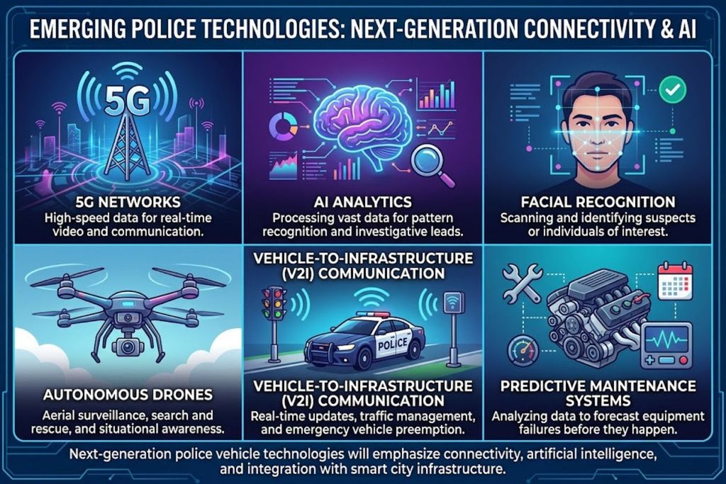 Grid showing emerging police technologies: 5G networks, AI analytics, facial recognition, autonomous drones, vehicle-to-infrastructure communication, predictive maintenance systems