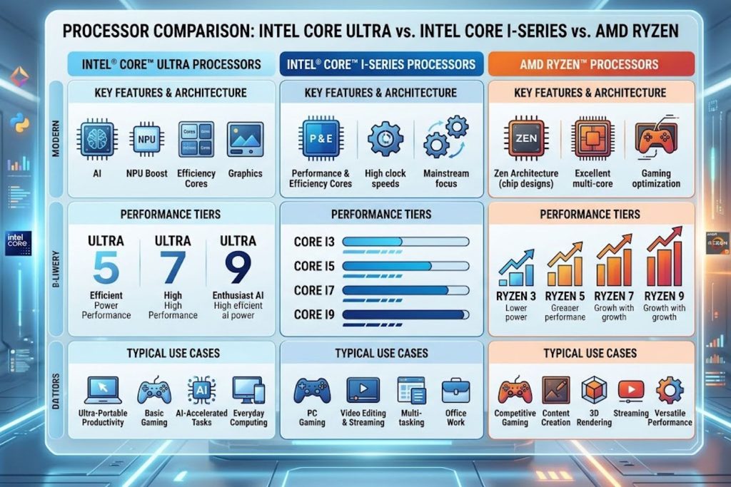 Comparison chart showing Intel Core Ultra, Intel Core i-series, and AMD Ryzen processor generations with performance tiers and typical use cases
