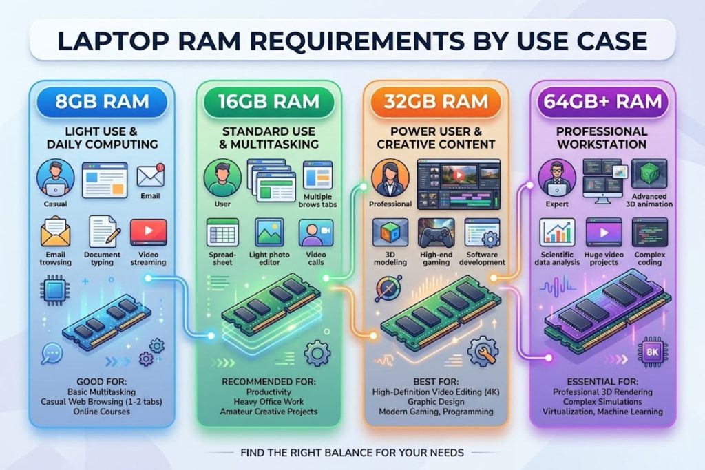 Infographic showing RAM requirements for different laptop use cases from light web browsing (8GB) to professional workstations (64GB+)
