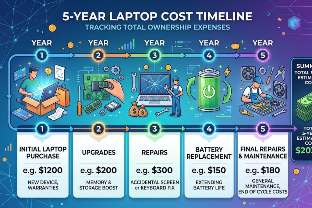 Timeline infographic showing laptop costs over 5 years including initial purchase, upgrades, repairs, and battery replacement
