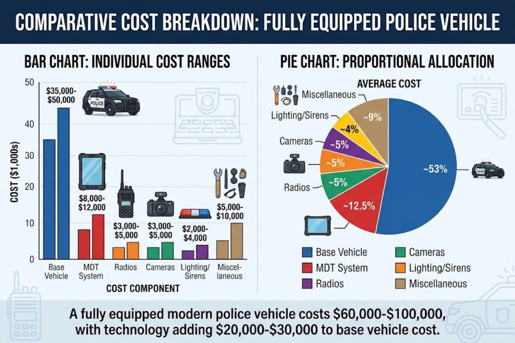 Pie chart showing breakdown of fully equipped police car costs: $35,000-50,000 base vehicle, $8,000-12,000 MDT system, $3,000-5,000 radios, $3,000-5,000 cameras, $2,000-4,000 lighting/sirens, $5,000-10,000 miscellaneous