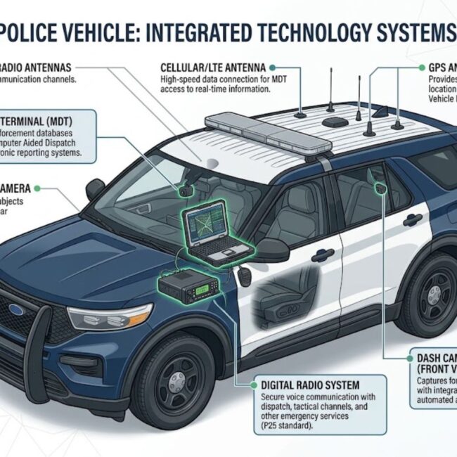 Diagram showing internal technology systems in a modern police vehicle including mobile data terminal, radio systems, cameras, and antennas