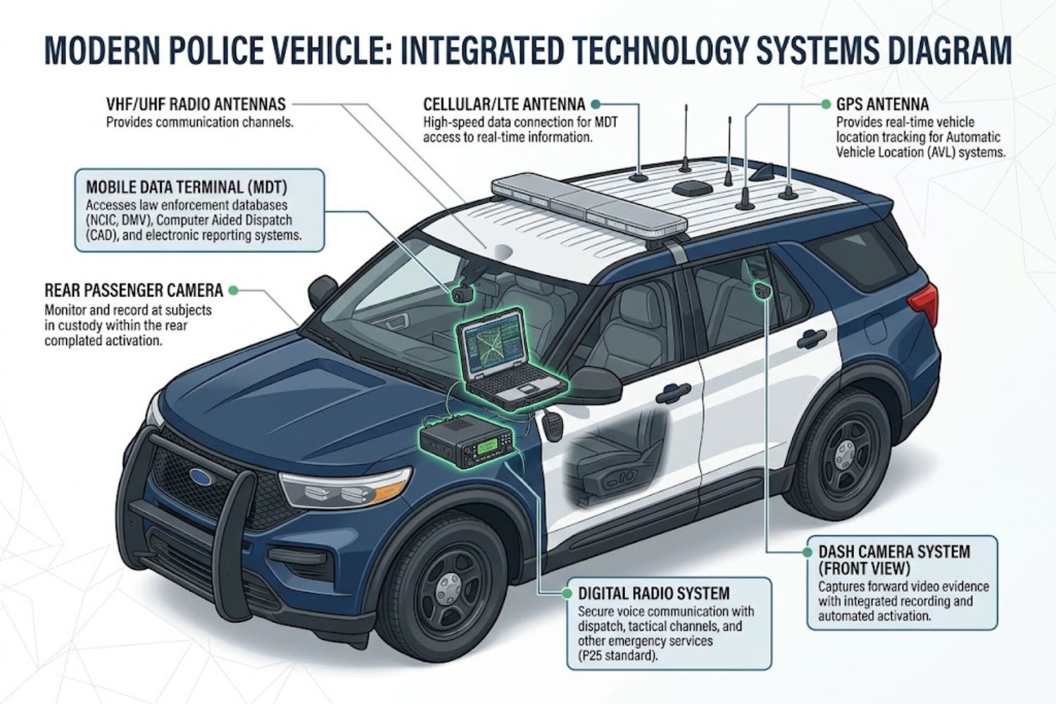 Diagram showing internal technology systems in a modern police vehicle including mobile data terminal, radio systems, cameras, and antennas