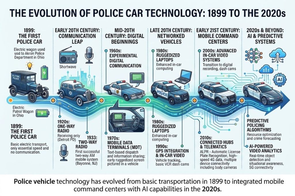 Timeline showing evolution of police vehicle technology from 1899 (first police car, electric wagon) through 2020s (AI and predictive systems), showing major milestones in radio, MDT, GPS, and camera technology
