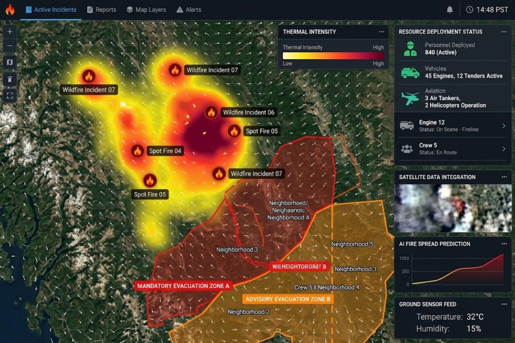 Command center interface showing real-time fire locations, thermal intensity indicators, wind direction arrows, evacuation zone boundaries, and resource deployment status
