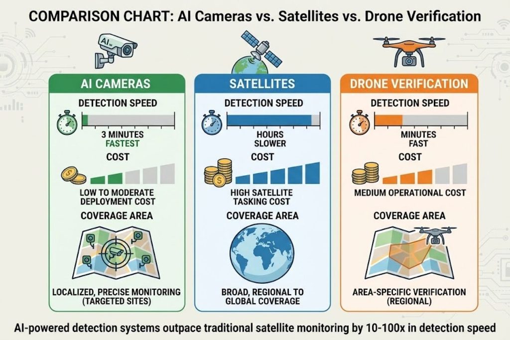 Comparison chart showing detection speed, cost, and coverage area for AI cameras (3 minutes), satellite (hours), and drone verification (minutes)