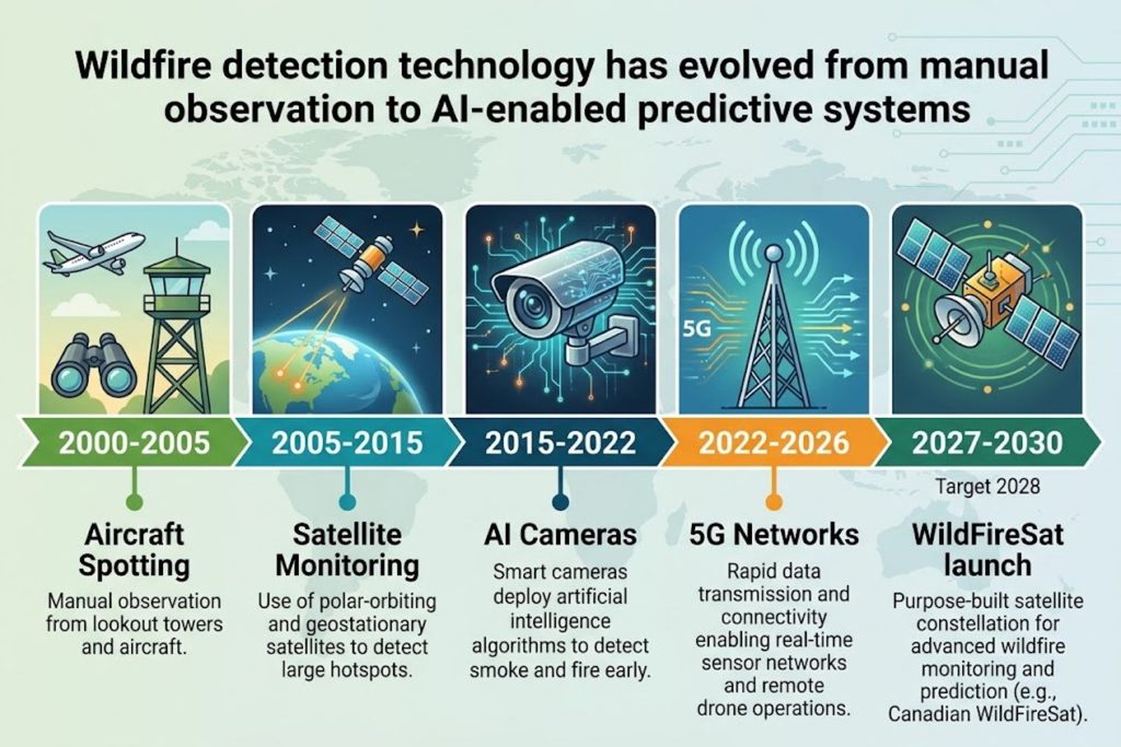 Timeline from 2000-2030 showing evolution from aircraft spotting → satellite monitoring → AI cameras → 5G networks → WildFireSat launch